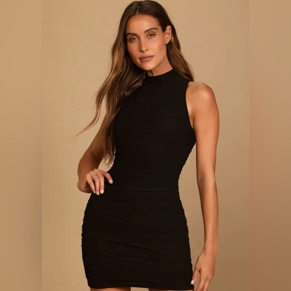 Lulus Modern Movement Black Mesh Ruched Mock Neck Mini Dress Size XS